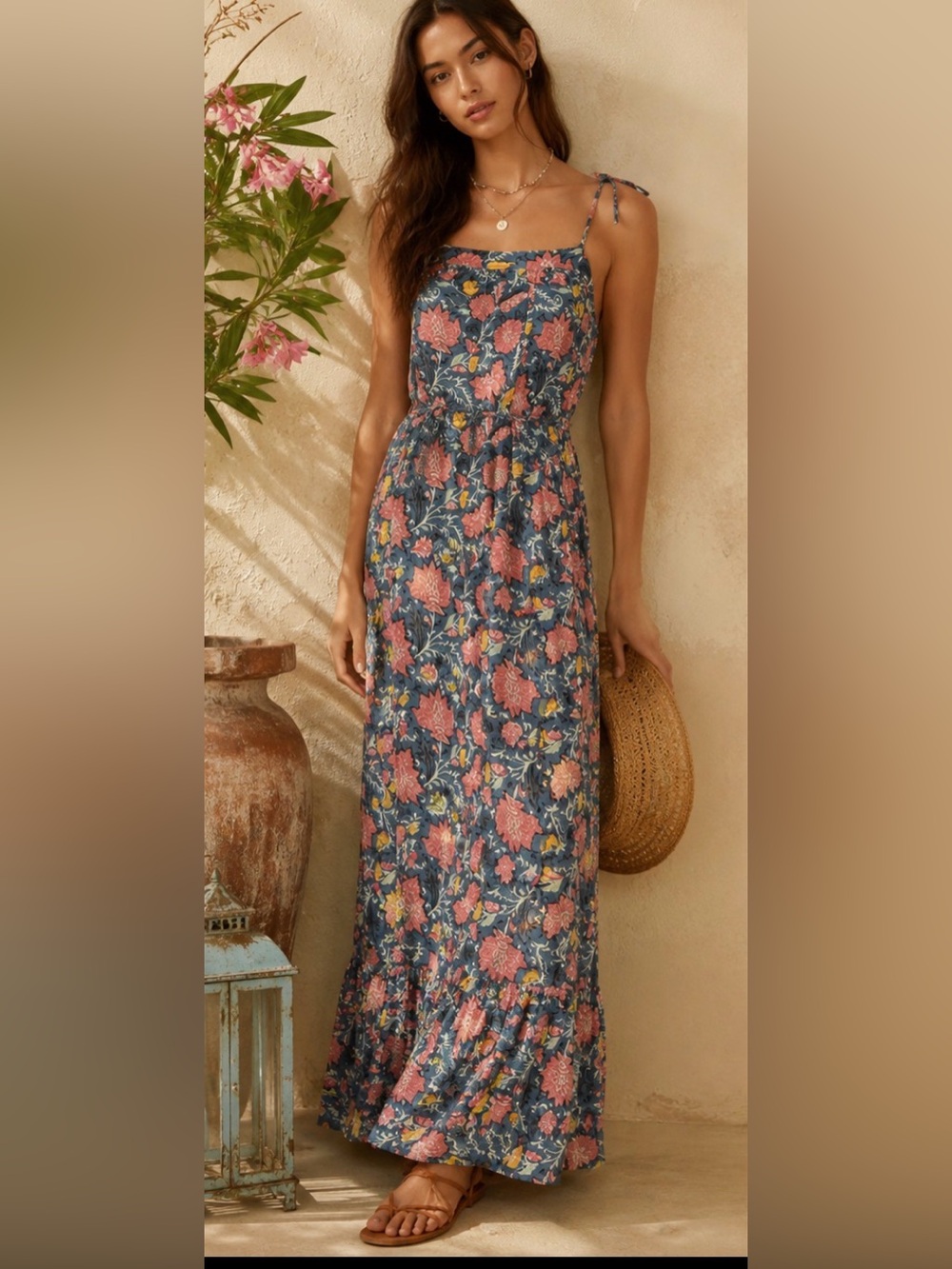 LOFT Petite Floral Tie Strap Maxi Dress Blue Pink Boho Sleeveless LP